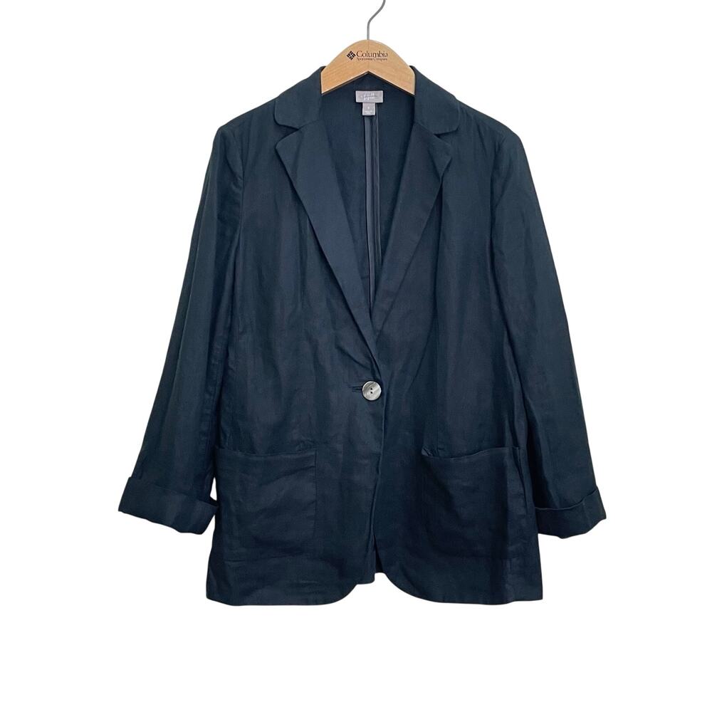 J. Jill Black Linen One Button Relaxed Fit Lightweight Blazer Jacket Size S